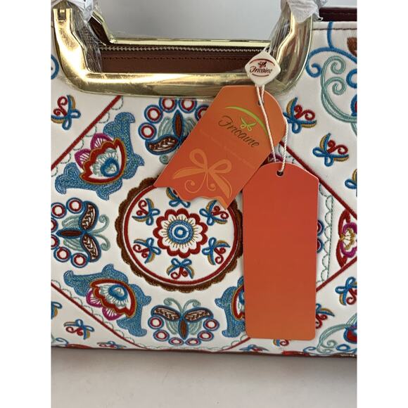 NEW Fricaine Treasure Brown Satchel Bag Turquoise Red Embroidered Purse Handbag - Picture 3 of 10